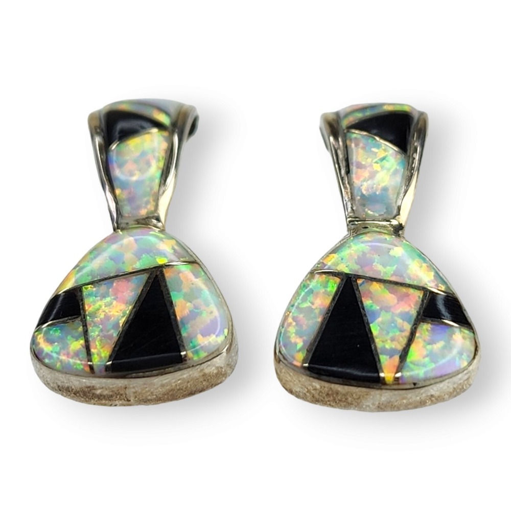 Southwestern Channel Inlay Faux Opal and Black Onyx Post Earrings Signed AL - Picture 3 of 7